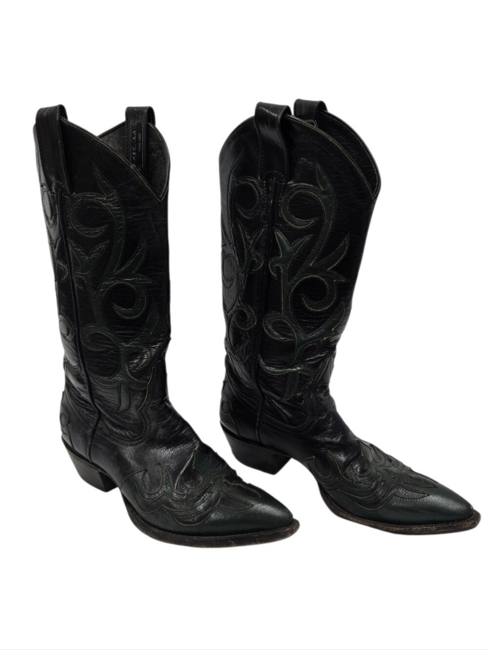 Vintage Larry Mahan Lizard Black with Dark Green Inlay Cowboy Boots